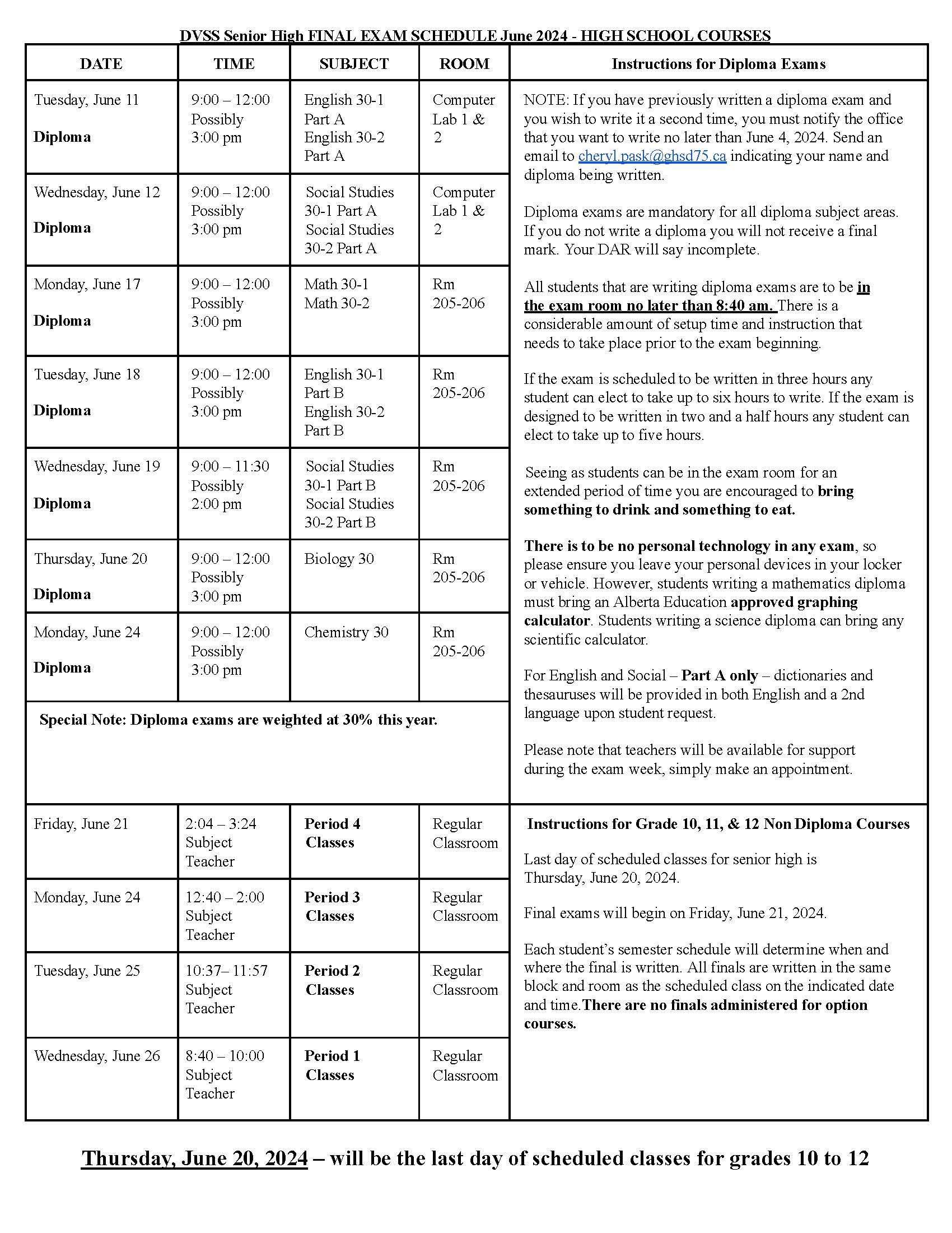 Sr High Final Exam Schedule June 2024 Drumheller Valley Secondary